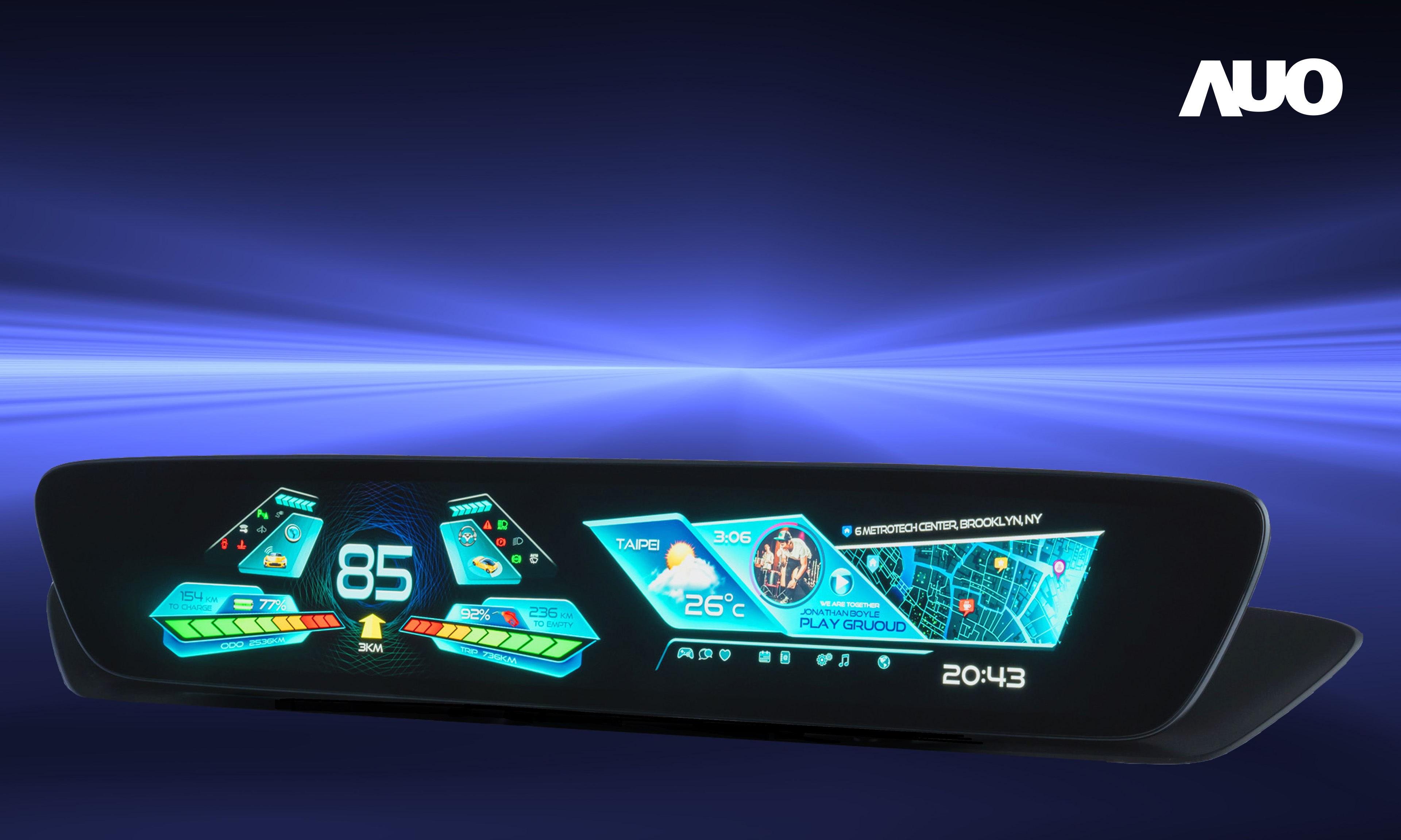 友達30.4吋異形曲面AmLED車載顯示系統，為一兼具儀表板及中控台人機介面的創新車載顯示系統，結合美學設計，提升車內科技沉浸感及使用體驗，讓車載顯示的未來應用更加多元化